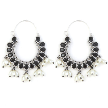 Black stone studded Oxidized Hoop Earrings